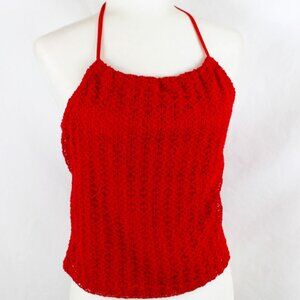 Vintage TWO ROADS Halter Tank Top Woman Size Large Red Lace Cropped Drawstring